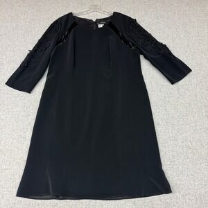 Liz Elana Dress 18 Black Floral Embroidered Beaded Sleeve Satin Trim A-Line Midi